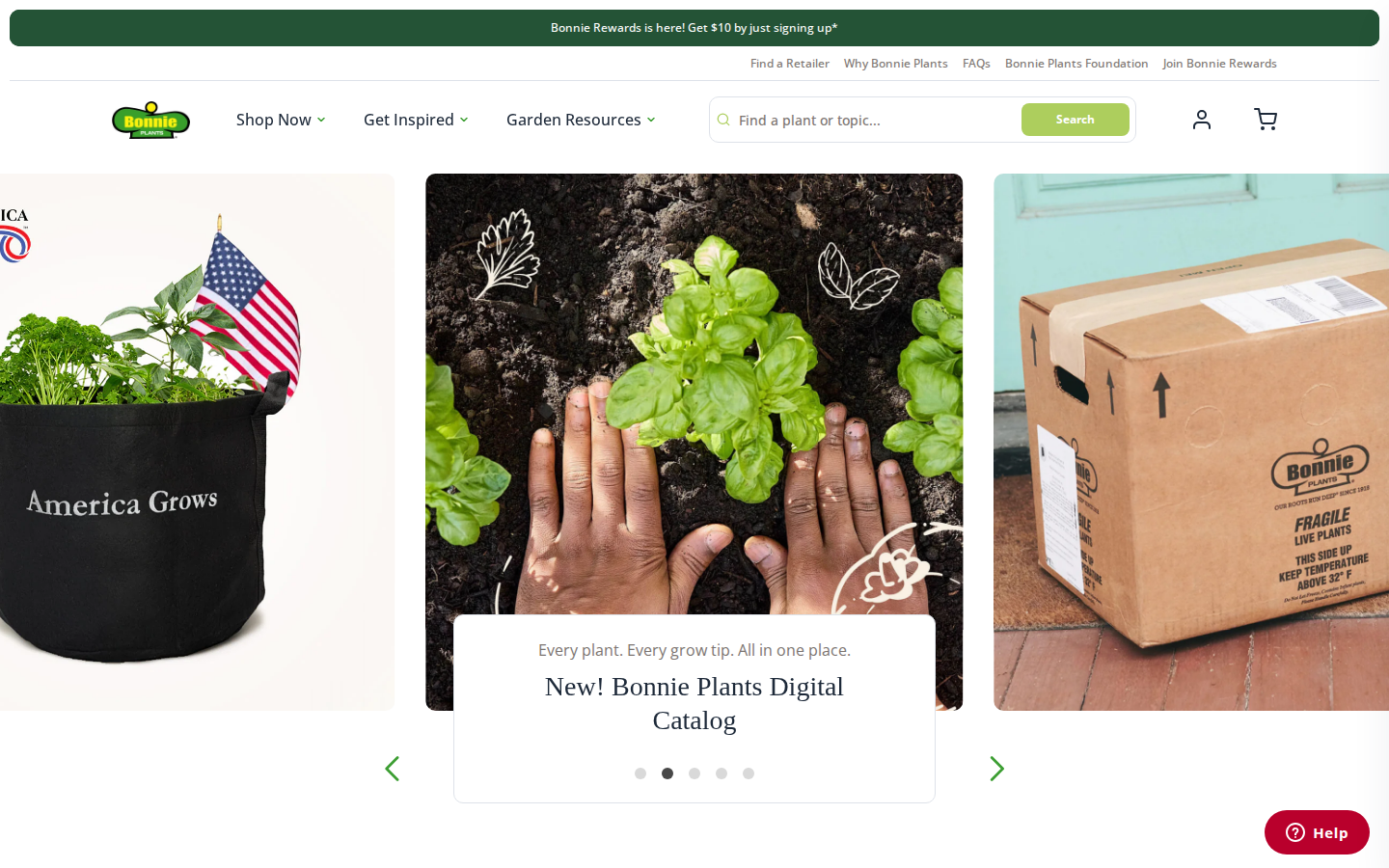 Bonnie Plants homepage with seasonal plant highlights and shop navigation