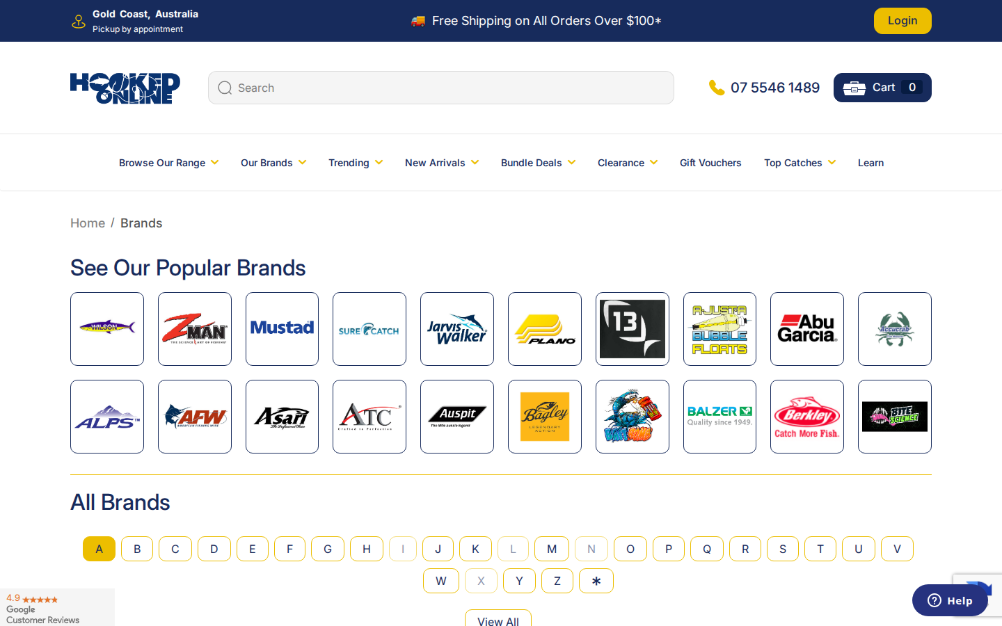 Hooked Online brands page with popular fishing tackle manufacturer logos