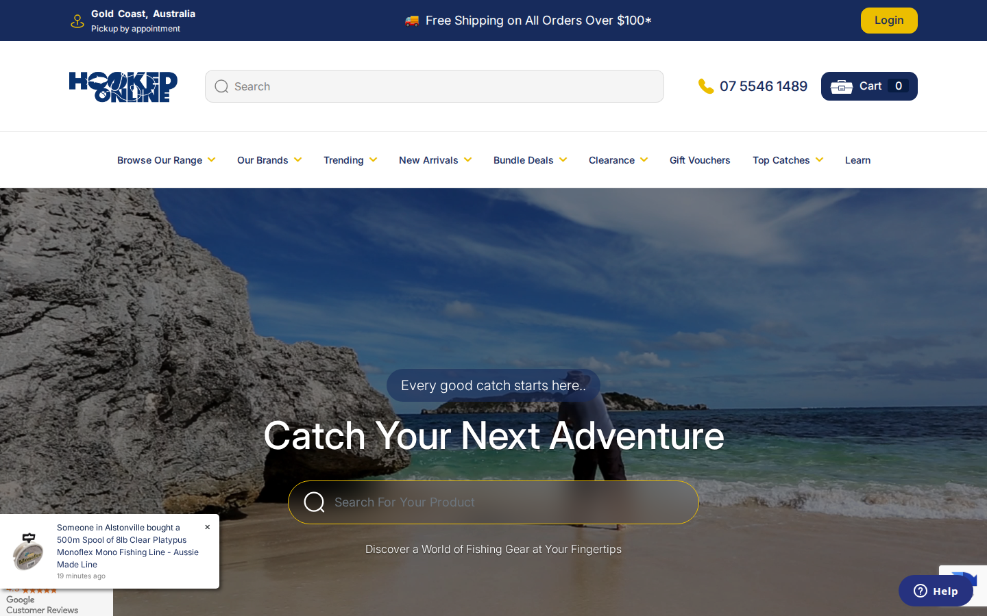 Hooked Online homepage with hero video and catch your next adventure messaging