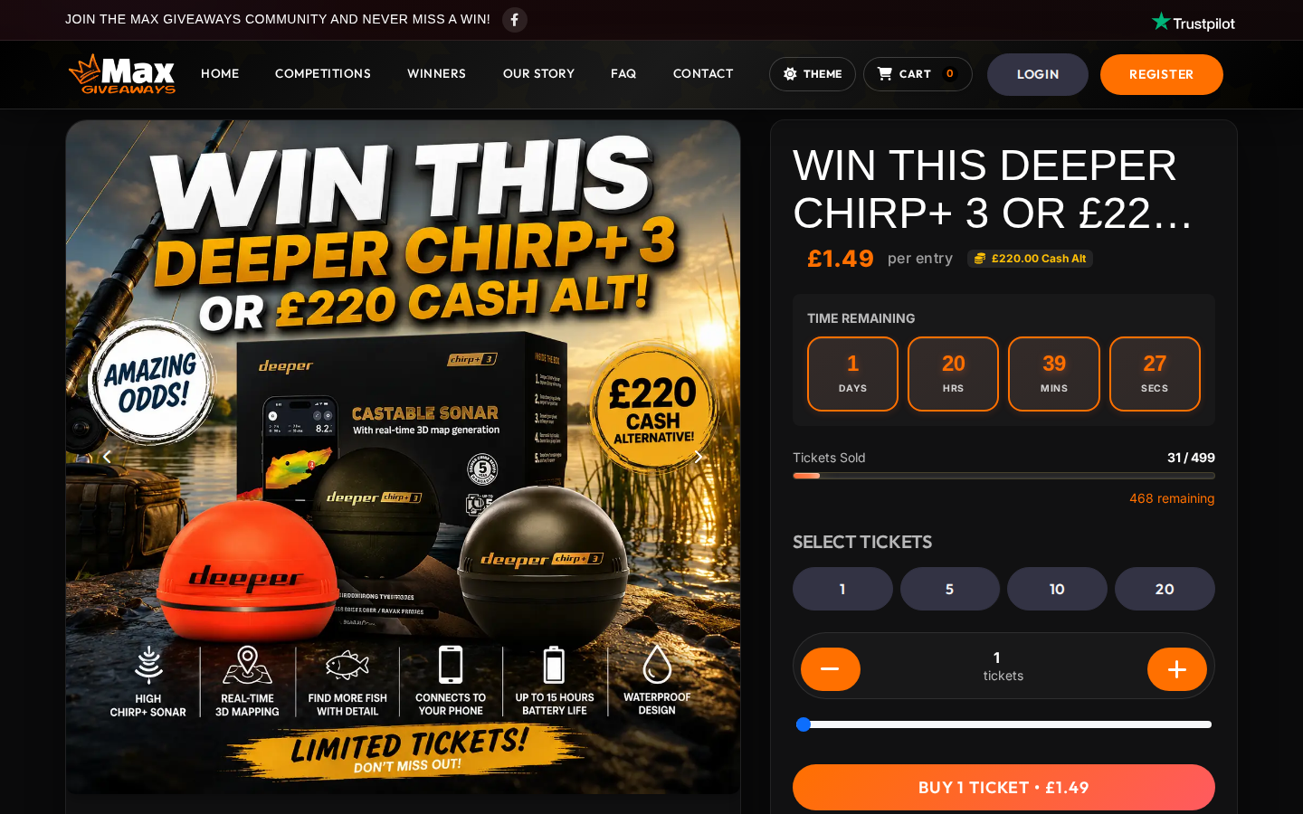 Max Giveaways competition detail page for a Deeper Chirp+ 3 prize draw