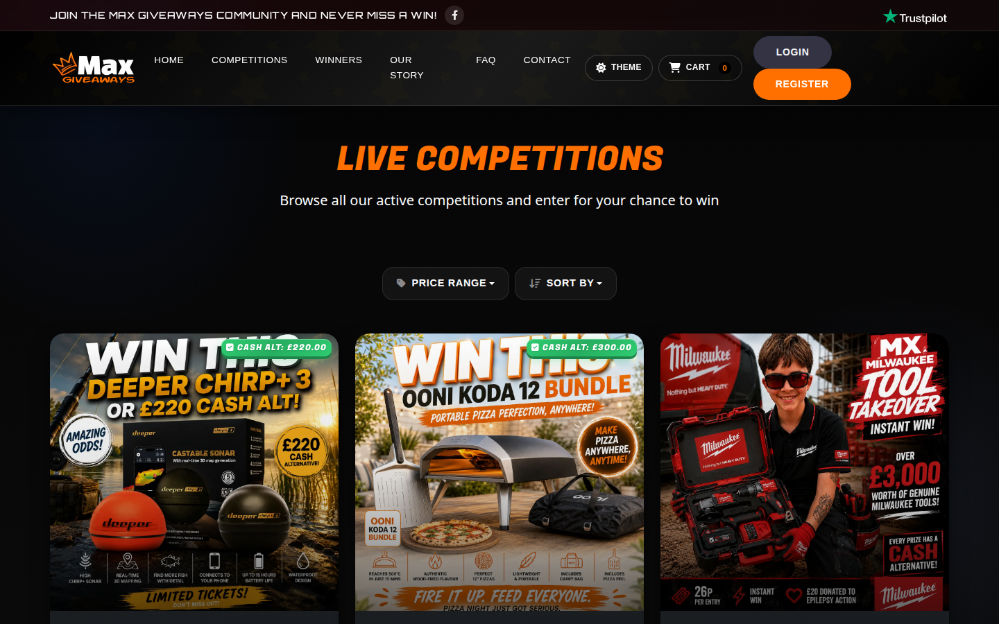 Max Giveaways current competitions listing page