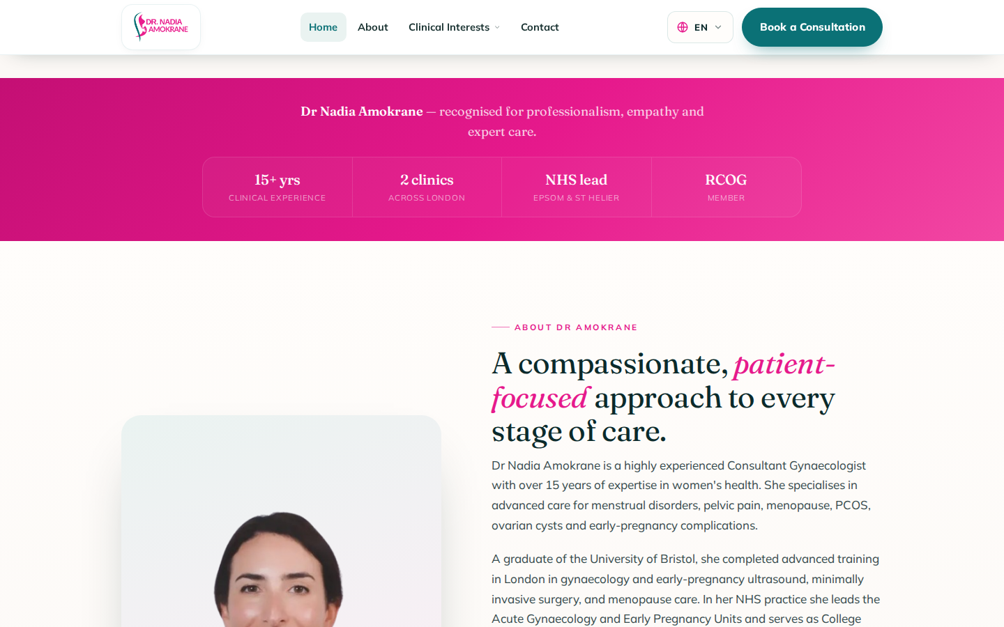 Dr Nadia Amokrane clinical interests section with women's health specialisms