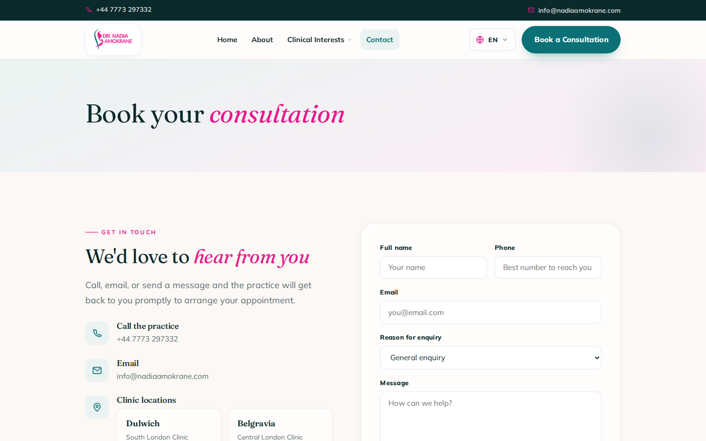 Dr Nadia Amokrane contact page with consultation booking form and clinic locations