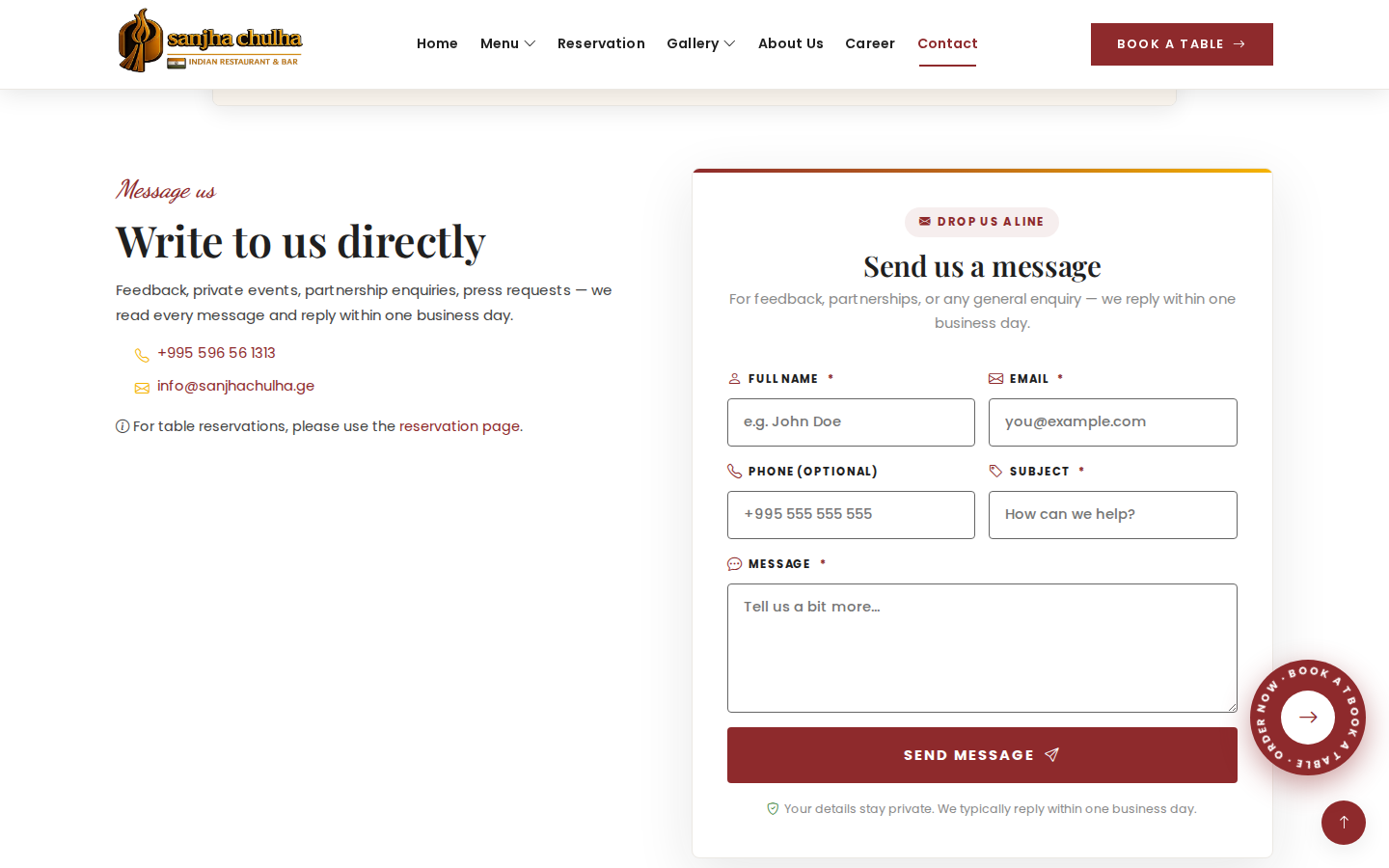 Sanjha Chulha contact page with branch locations and phone numbers