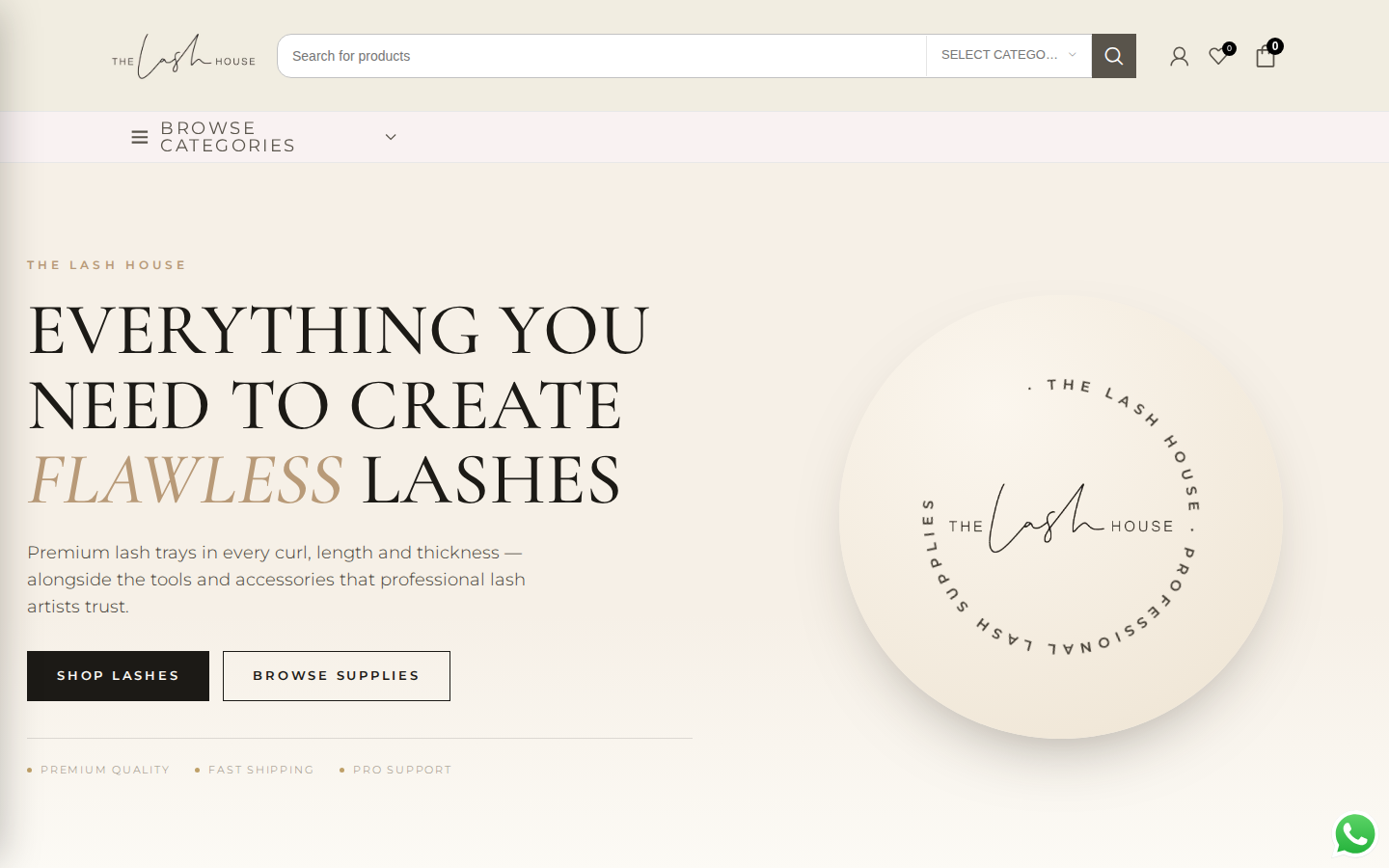 The Lash House homepage with hero messaging and new arrival lash trays