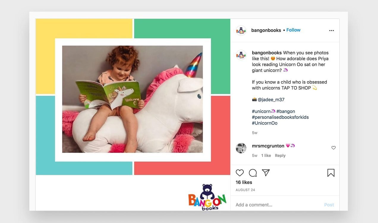 blog-bang-on-books2x Instagram post from Bang On Books showing a child reading her new book