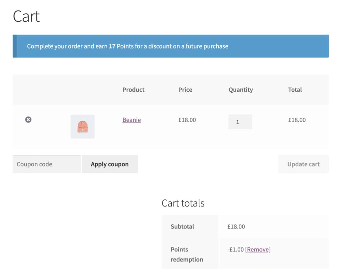 WooCommerce Cart page with a reminder to earn points