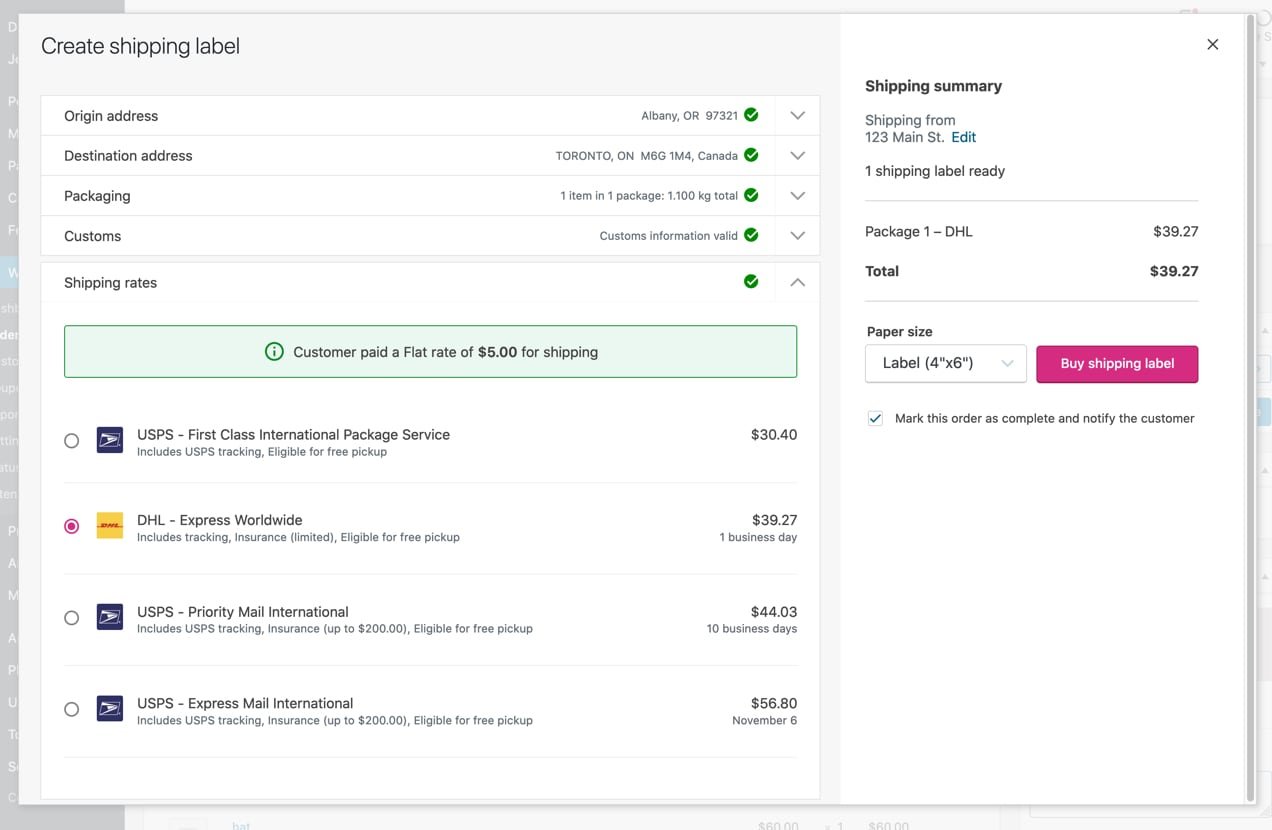 purchasing a DHL shipping label with WooCommerce Shipping