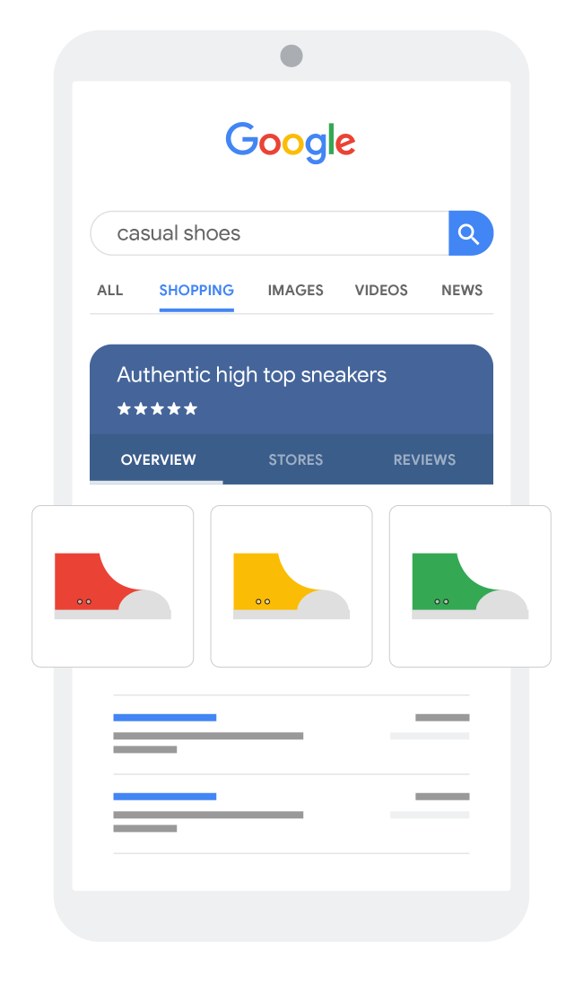 embeddede280933e28093650x11002x-1 Illustration of how a shopping ads result for 'casual shoes' is displayed on a mobile device
