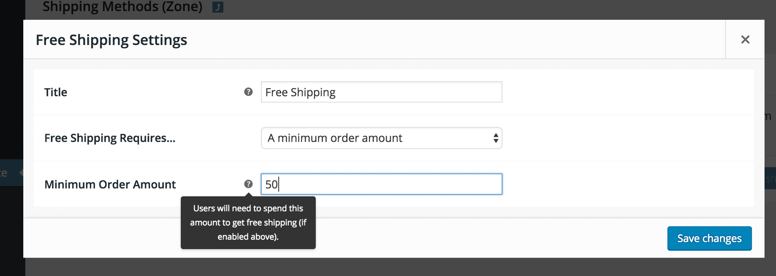 screen-shot-2016-05-05-at-2-03-58-pm Adding free shipping as an option for United States customers in WooCommerce, but only if they spend $50 or more.