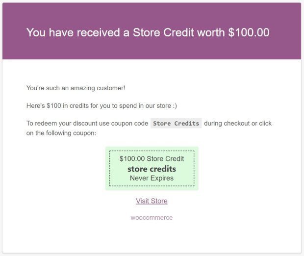 A coupon for store credit sent in an email to reward a customer