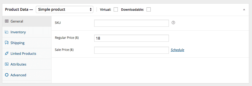 woocommerce-simple-product-general-tab To add a limited-time product discount, add a Sale Price in the item's Product Data tab.